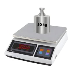 Digitale Ladenwaage wagPRO-S30 mit 30 kg Prüfgewicht auf Edelstahlplattform